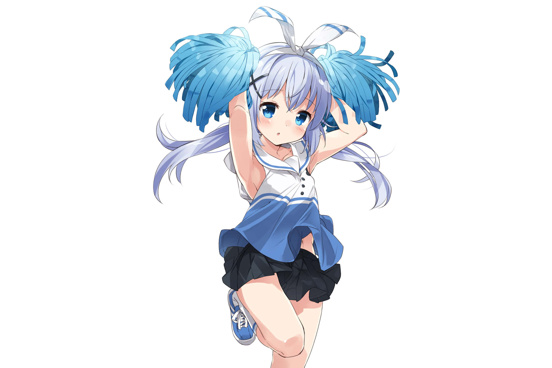 動漫女孩穿著水手服，藍色雙馬尾，開心擺姿勢