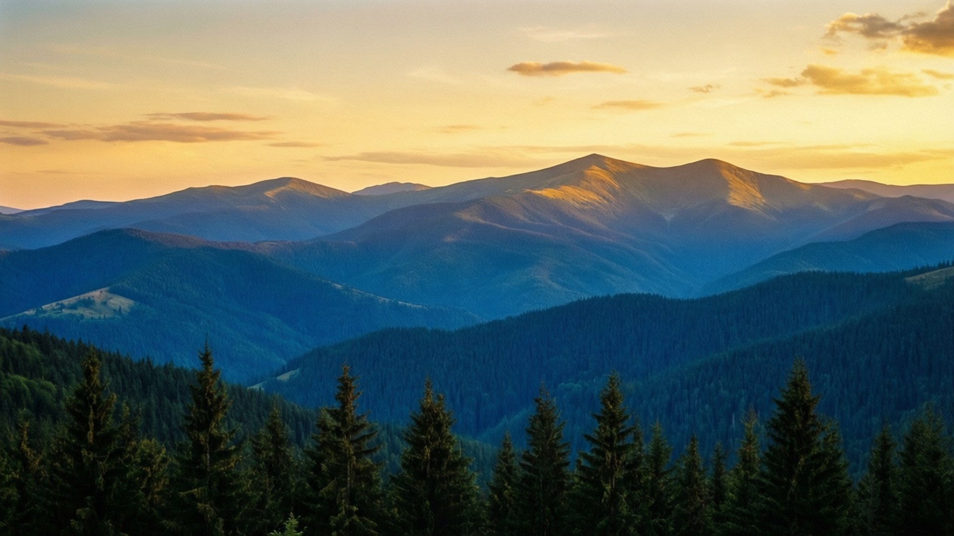 層層疊疊的山脊沐浴在金色夕陽光中，前景有常綠樹木