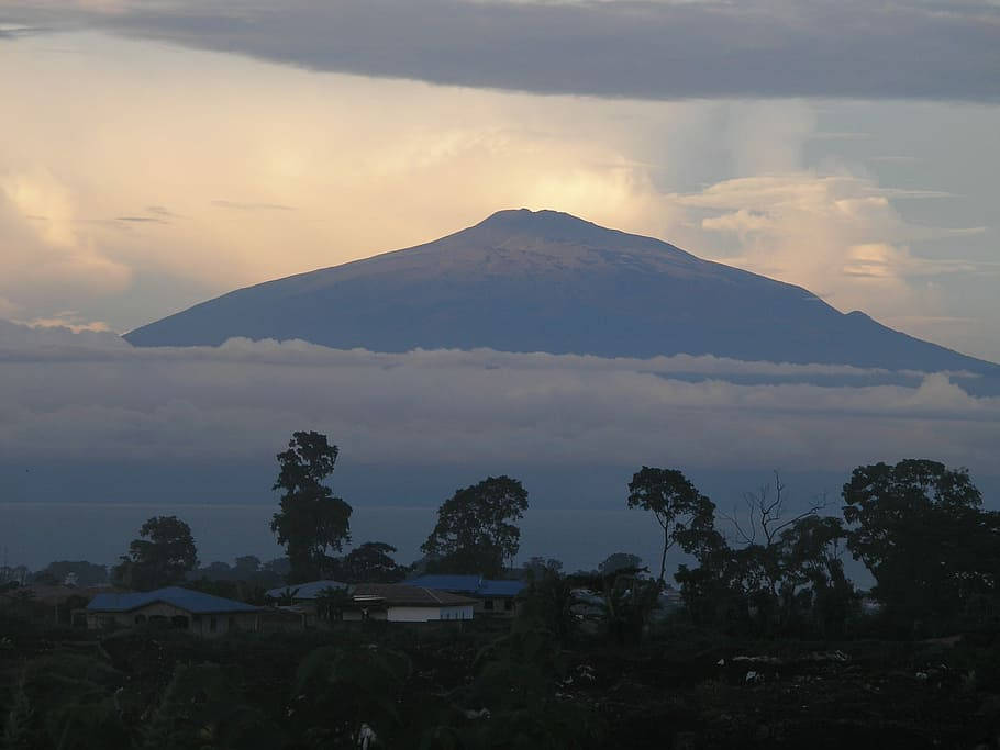 黎明時分雲端上的山峰，剪影般的樹木和房屋。