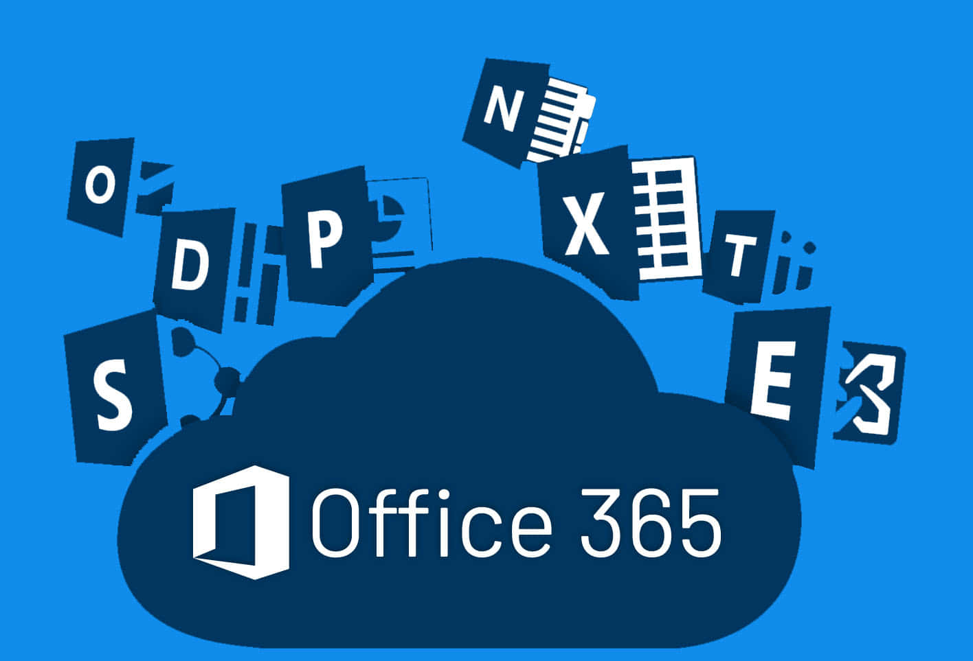Office 365 雲朵，帶有浮動應用程式圖標，背景為藍色