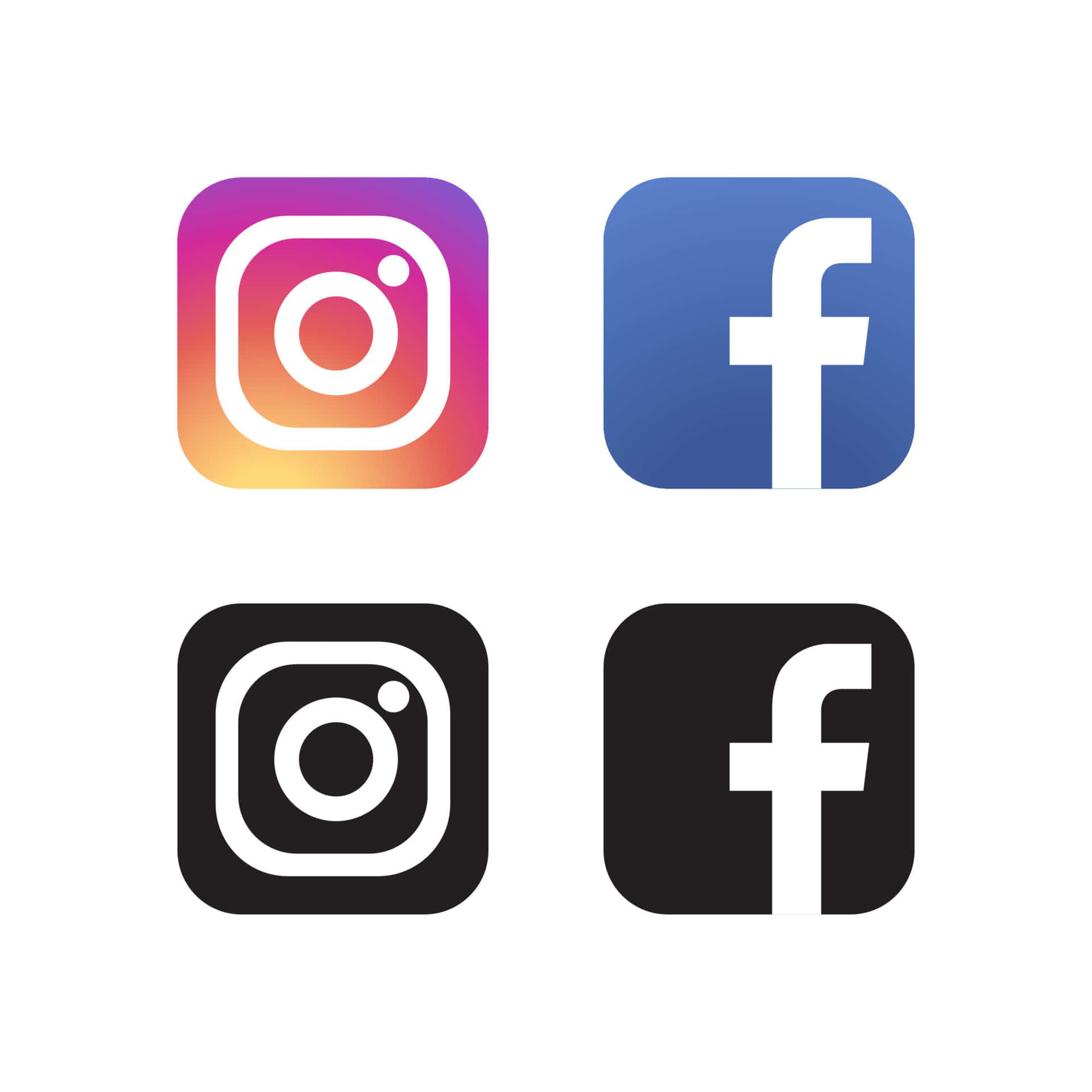 Instagram 和 Facebook 應用程式圖標以彩色和黑色版本排列在網格中。