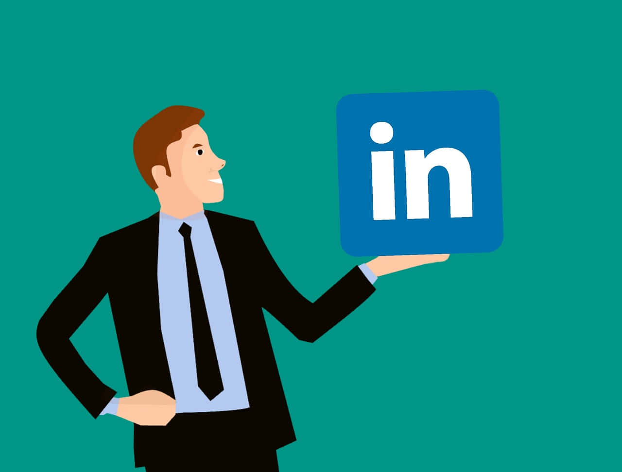 商人在青綠色背景上舉起LinkedIn標誌