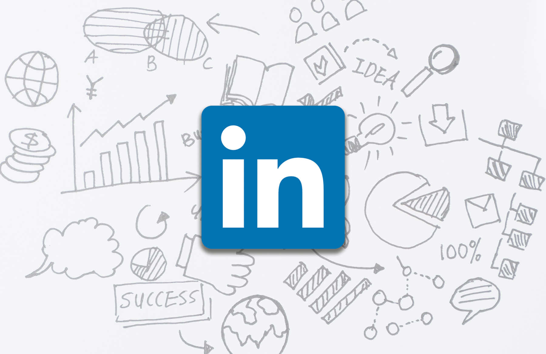 LinkedIn 標誌被草圖商業符號包圍，如圖表和燈泡。