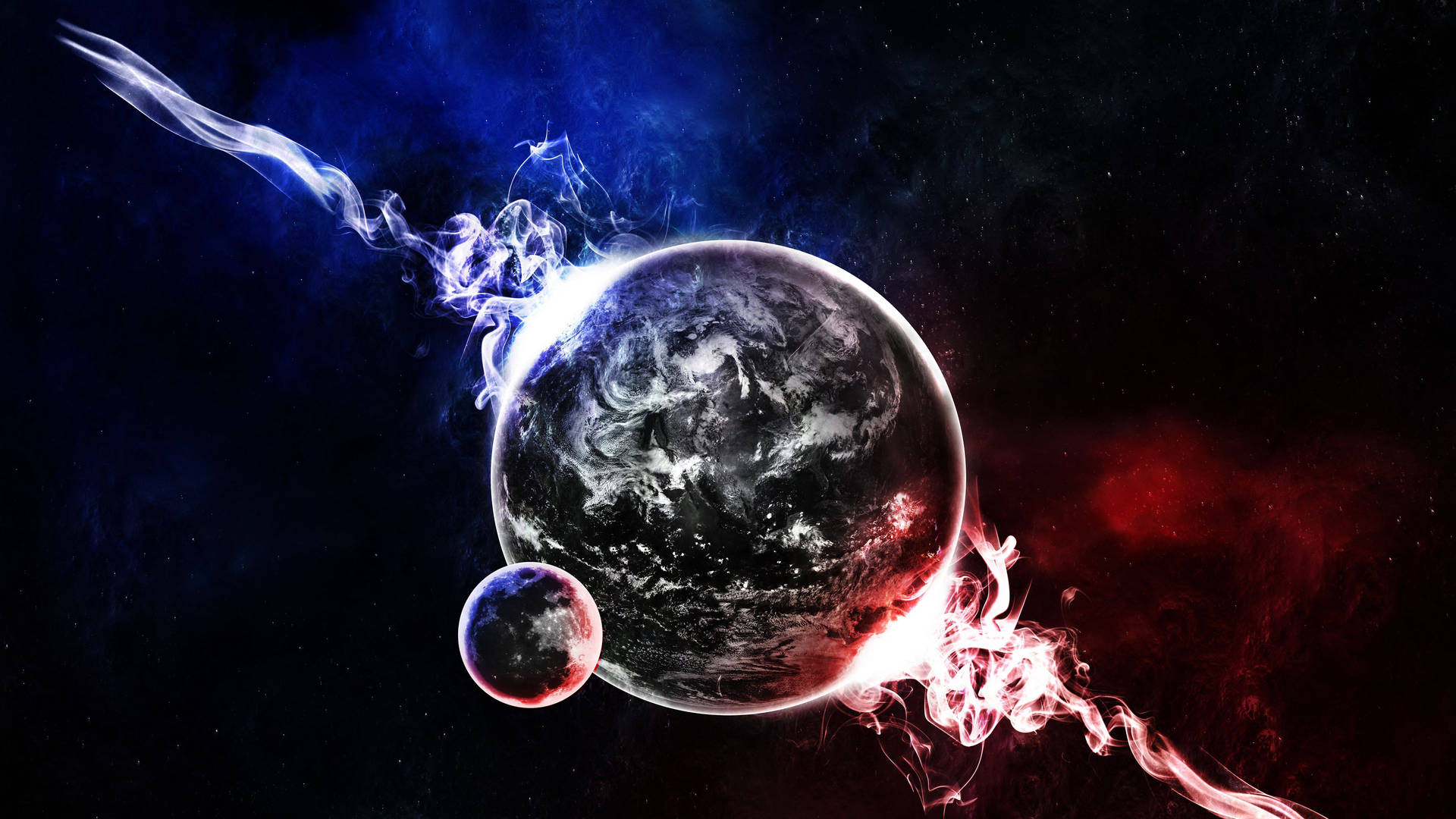 太空中帶有發光能量流的行星和月球