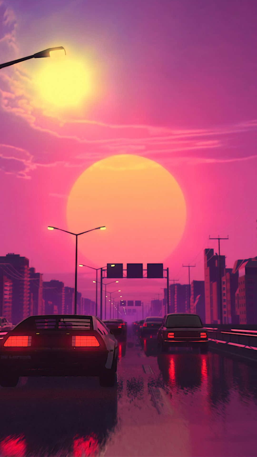 汽車在潮濕的城市高速公路上行駛，天空是閃耀的夕陽，伴隨著霓虹反射。