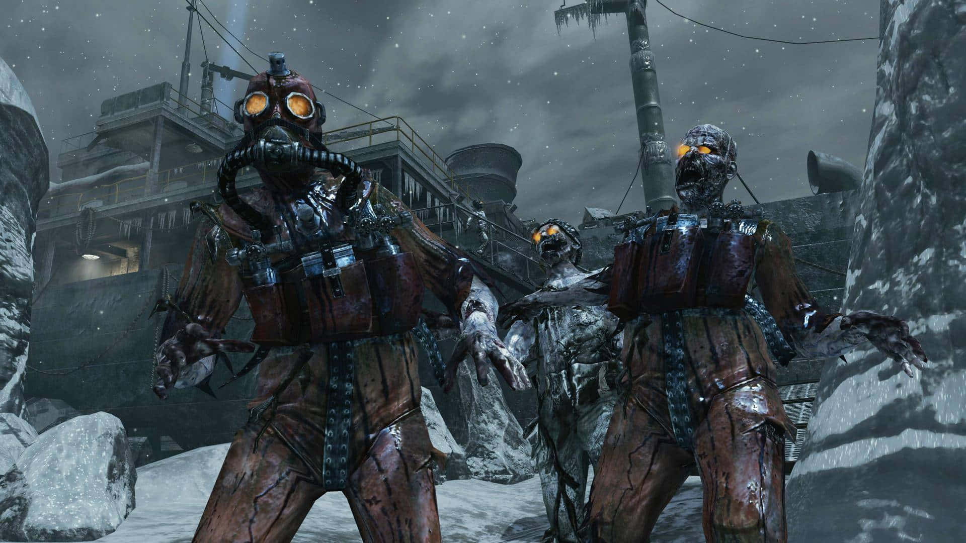 三個殭屍般人物，眼睛發光，在積雪的工業廢墟中。
