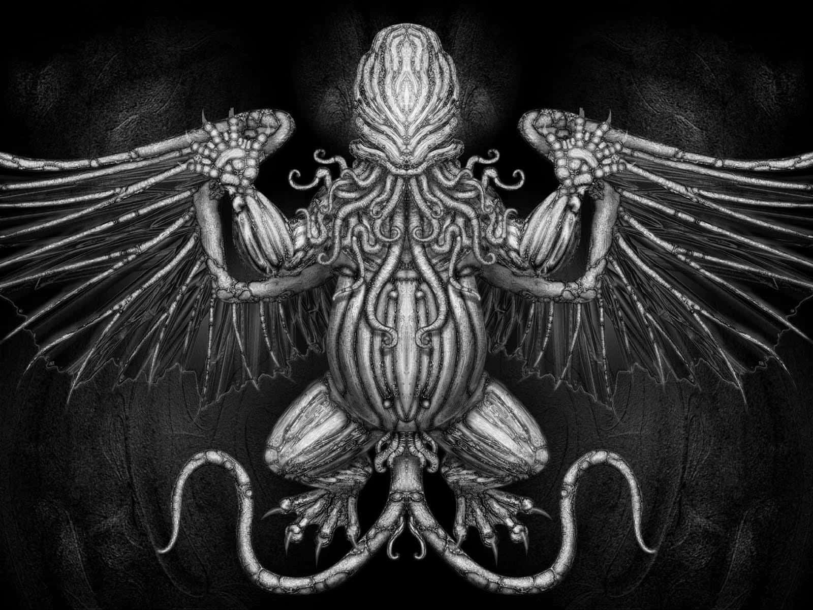 一個詳細的黑白插圖，描繪一個怪異的有翼生物，擁有骨骼翅膀和觸手。
