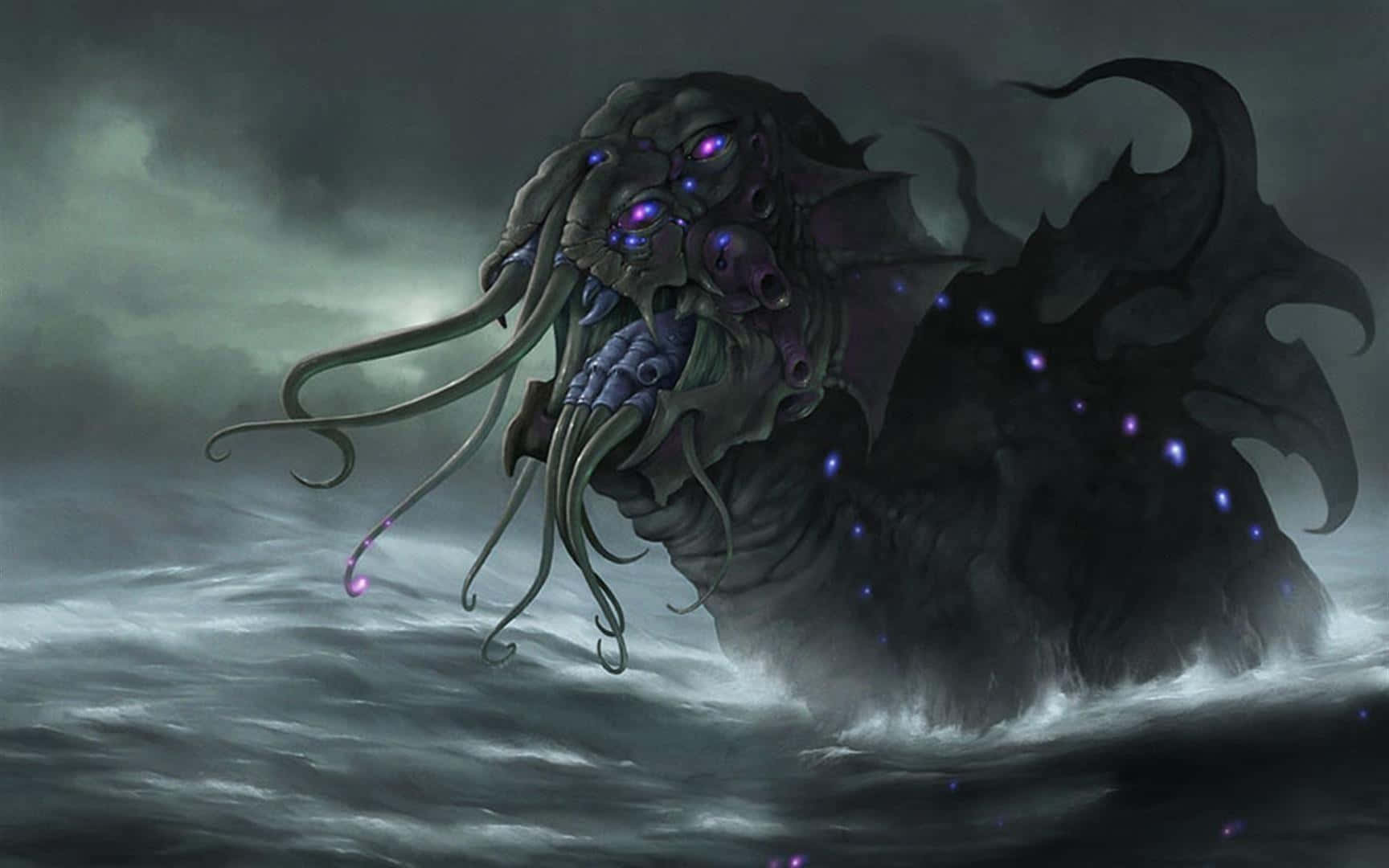 一個發光眼睛的怪異海怪從暴風雨天空下的洶湧海水中升起。