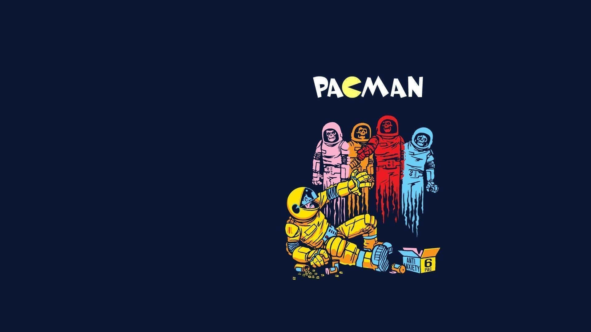 穿著太空服的 Pac-Man 正在吃 pellets，身後有四個鬼魂敵人。