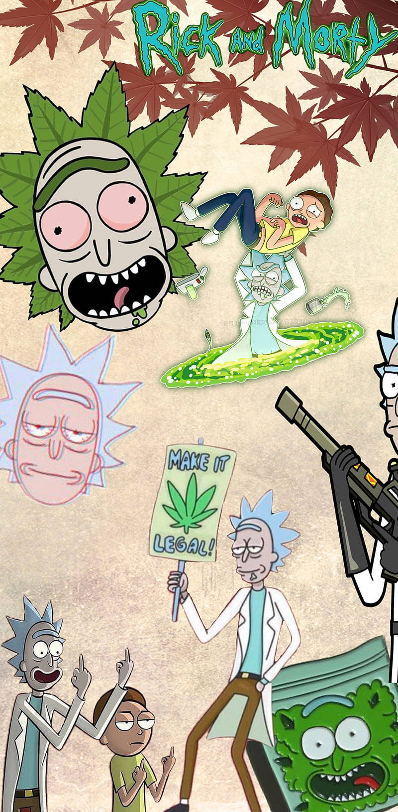 Rick and Morty 角色以混亂的動漫風格呈現，帶有抗議標語和大麻葉。 — 瑞克和莫蒂 壁紙