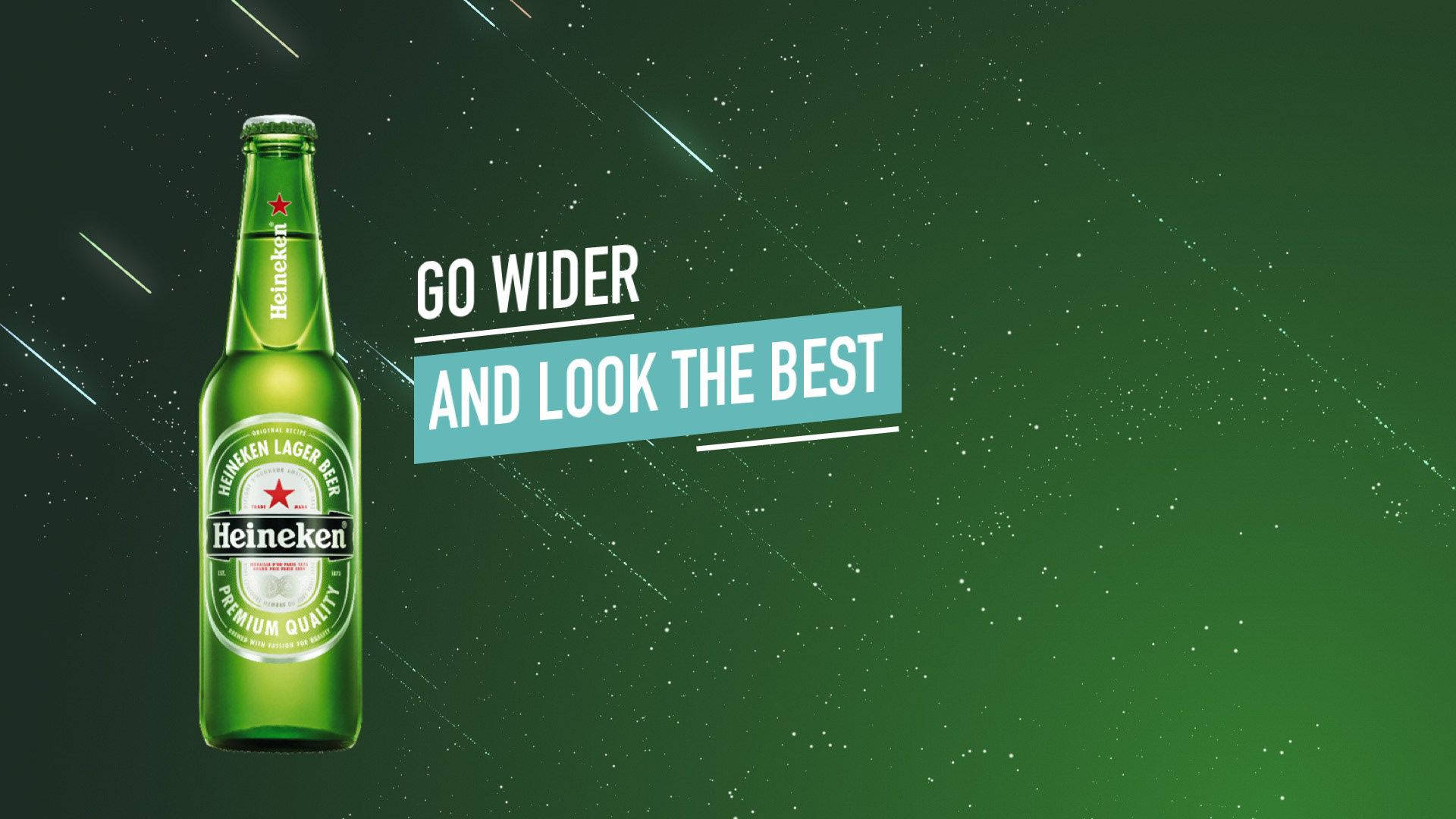喜力啤酒樽，標語 go wider and look the best，背景係星空綠色