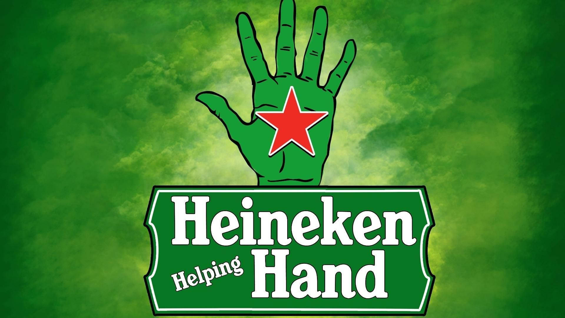 綠色插圖手，帶紅色星星，舉著Heineken Helping Hand標誌。