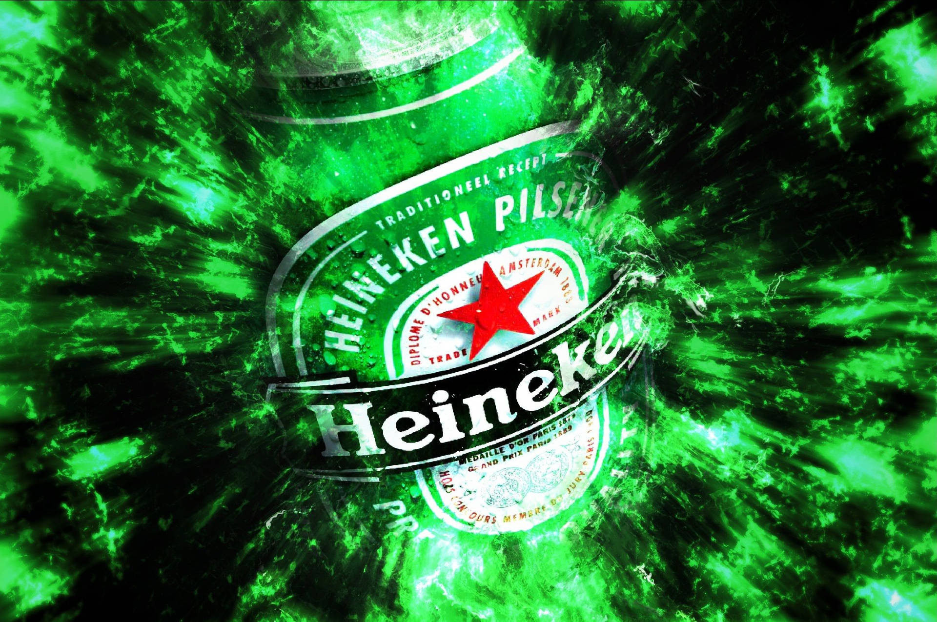 喜力啤酒瓶標籤在綠色能量漩渦中，帶有紅色星星。