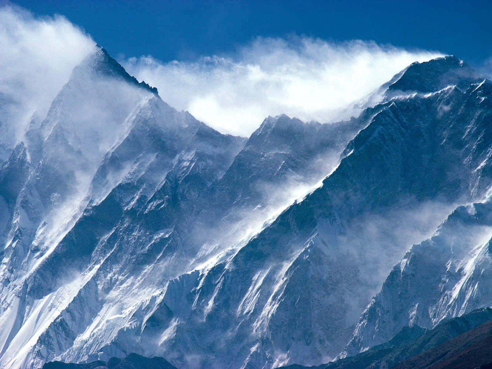 在晴朗的藍天下，白雪覆蓋的山峰聳立於雲層之上。