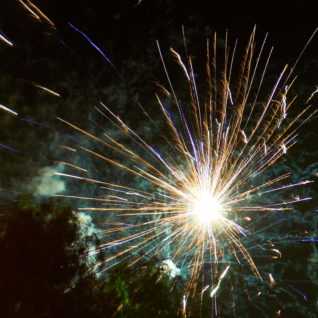 明亮的煙花在夜空中爆炸，留下金色和藍色的痕跡。