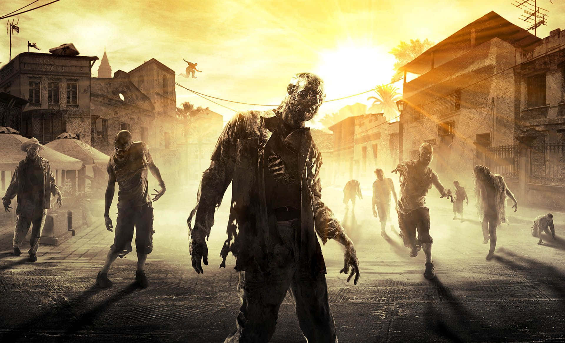 Horror Games 桌布 壁紙 — 喪屍在陽光普照的廢墟城市街道上蹣跚而行，周圍是破損的建築物和懸掛的電線。