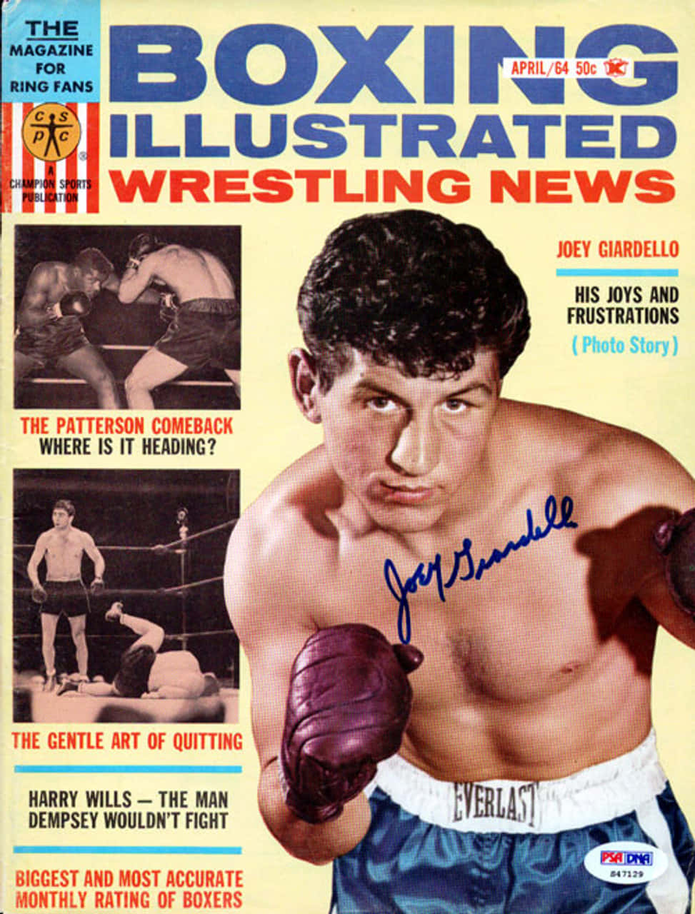 復古 Boxing Illustrated 雜誌封面， featuring 拳擊手 Joey Giardello 和比賽照片。