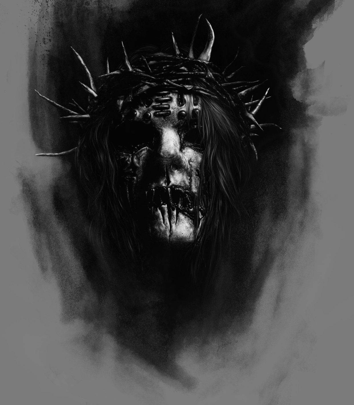 喬伊·喬迪森 暗黑肖像 壁紙 — 一個令人難忘的黑白插圖，描繪了一個戴著皇冠的頭骨，帶有鋸齒狀的尖刺和滴落的鮮血，背景煙霧繚繞。