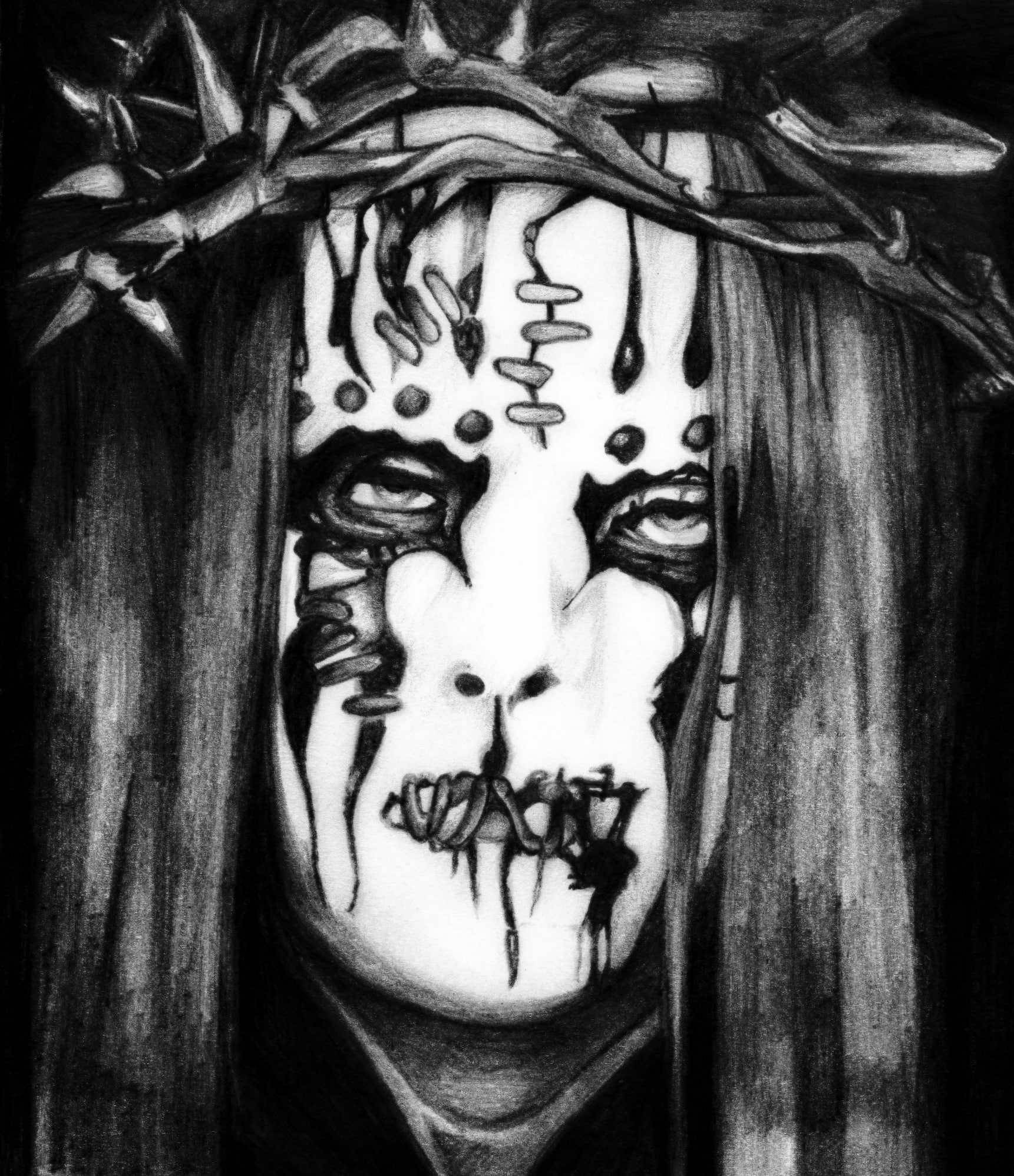 喬伊·喬迪森面具肖像 壁紙 — 一幅令人難忘的黑白畫作，描繪一個扭曲的臉孔，戴著荊棘冠冕，並有滴落的黑色痕跡。
