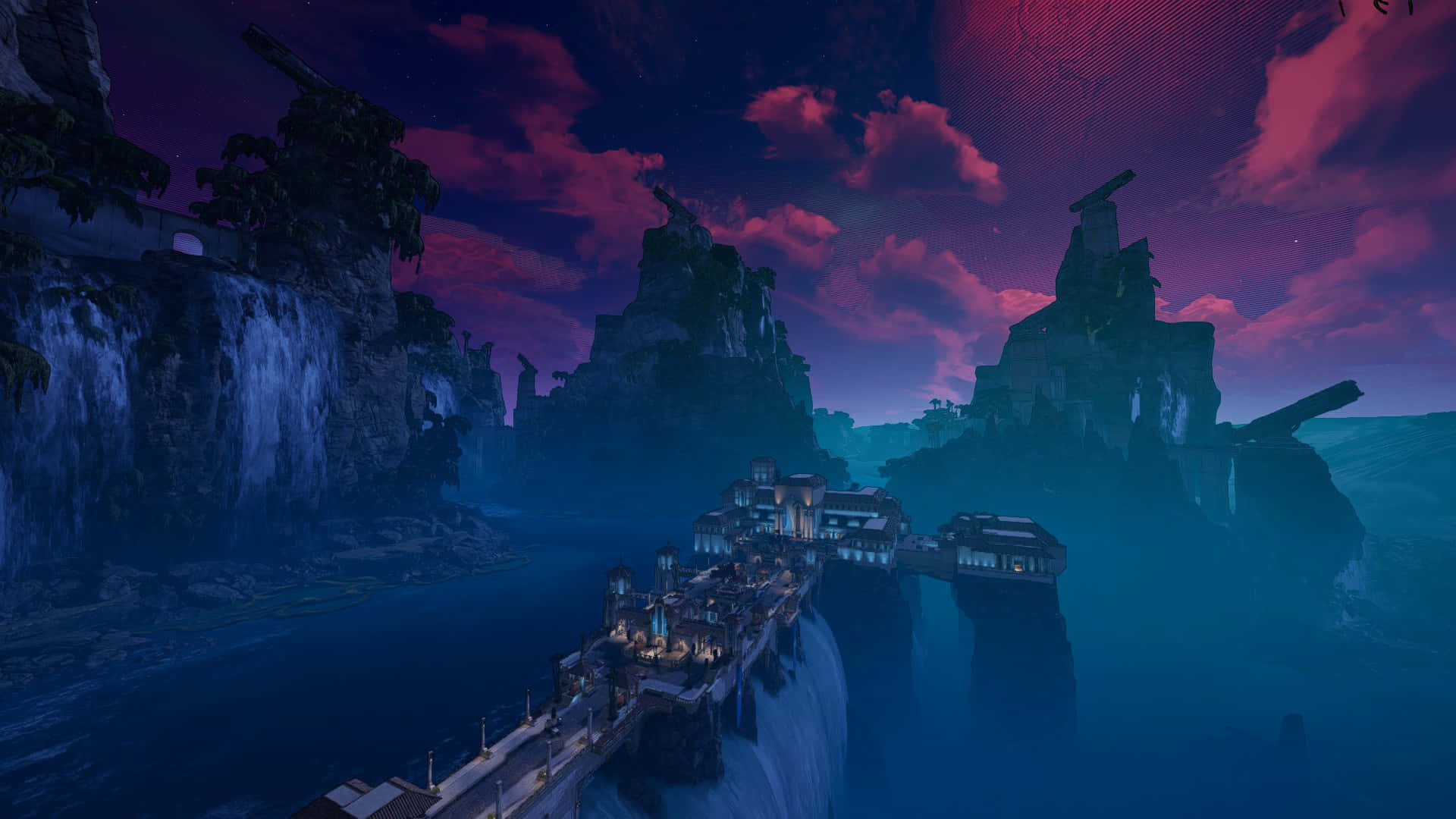 喬伊星球 1920x1080《邊境之地3》背景 壁紙 — 一個漂浮的村莊，掛著發光的燈籠，坐落在一座橋上，下方是深藍色的海水，上方是戲劇性的紫色和粉紅色暮色天空。