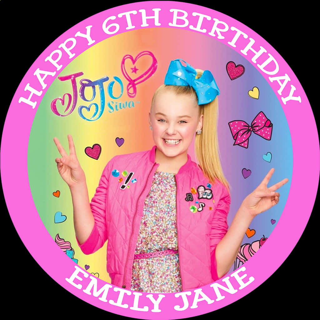 喬喬·希瓦六歲生日問候 壁紙 — 一幅歡樂的生日圖案，JoJo Siwa 身穿粉紅色外套，背景是彩虹，點綴著心形和蝴蝶結。