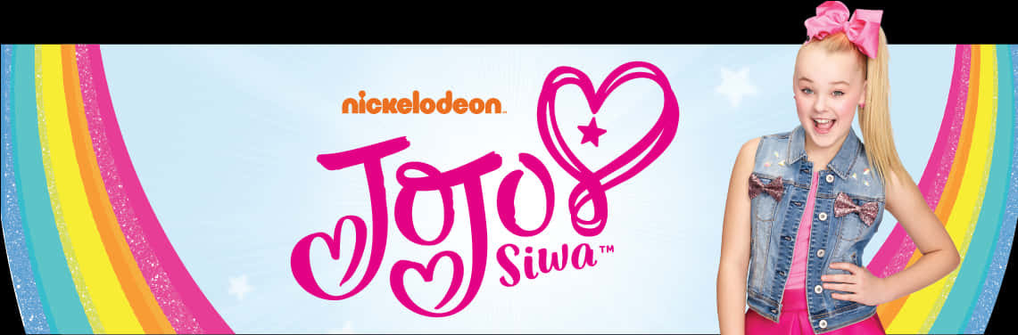 喬喬·希瓦尼克兒童頻道宣傳橫幅 壁紙 — JoJo Siwa 身穿牛仔背心，在彩虹背景前閃爍星星和 Nickelodeon 標誌下燦爛微笑。