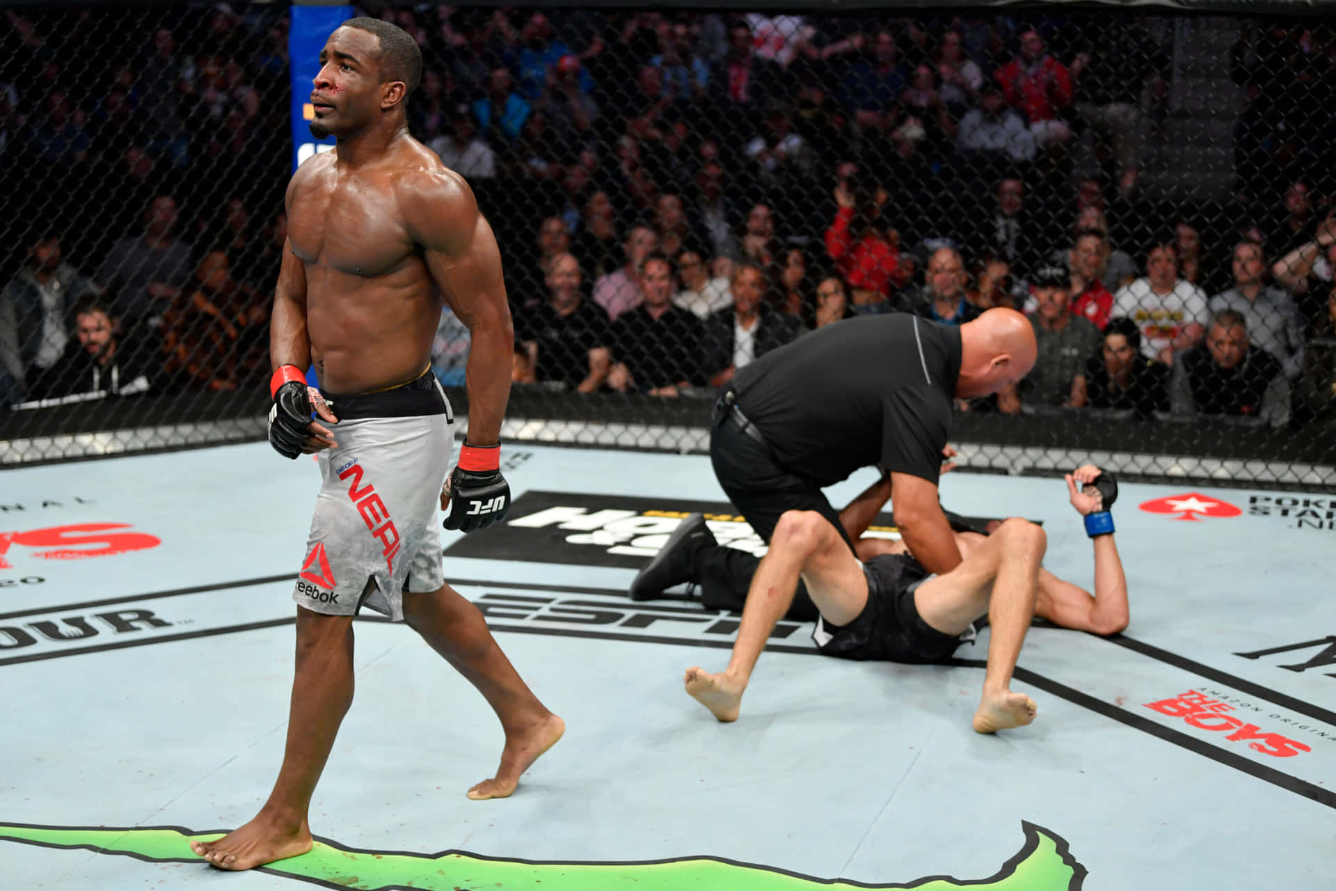 MMA拳手在勝利後走開，裁判檢查倒下的對手。