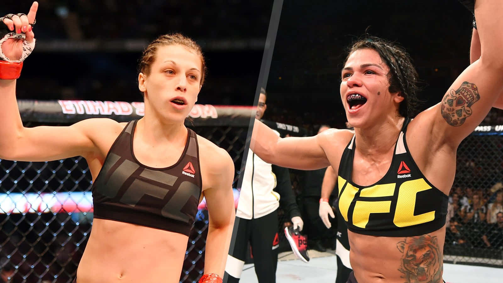 兩名女性MMA拳手在UFC八角籠中慶祝勝利。