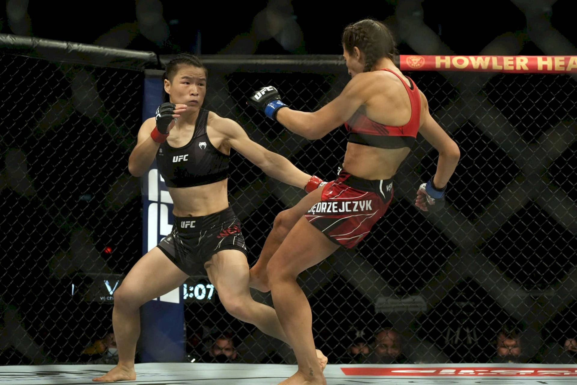 兩名女性MMA拳手在鐵籠賽中，一人踢向另一人。
