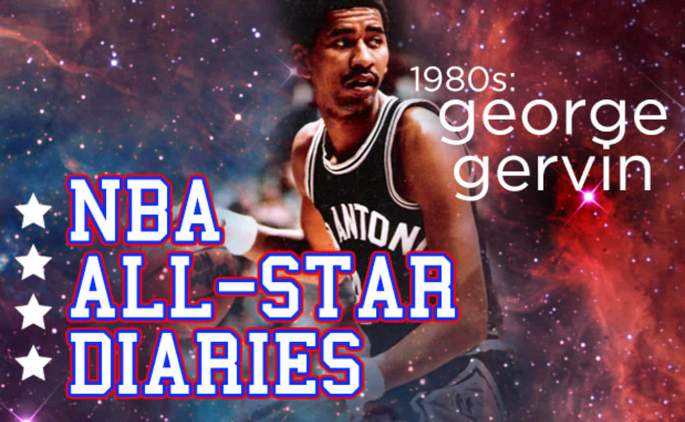 喬治·格文NBA全明星銀河背景編輯 壁紙 — 佐治·加雲身穿黑白球衣，站在宇宙星雲背景前，粗體文字寫著NBA All-Star Diaries。