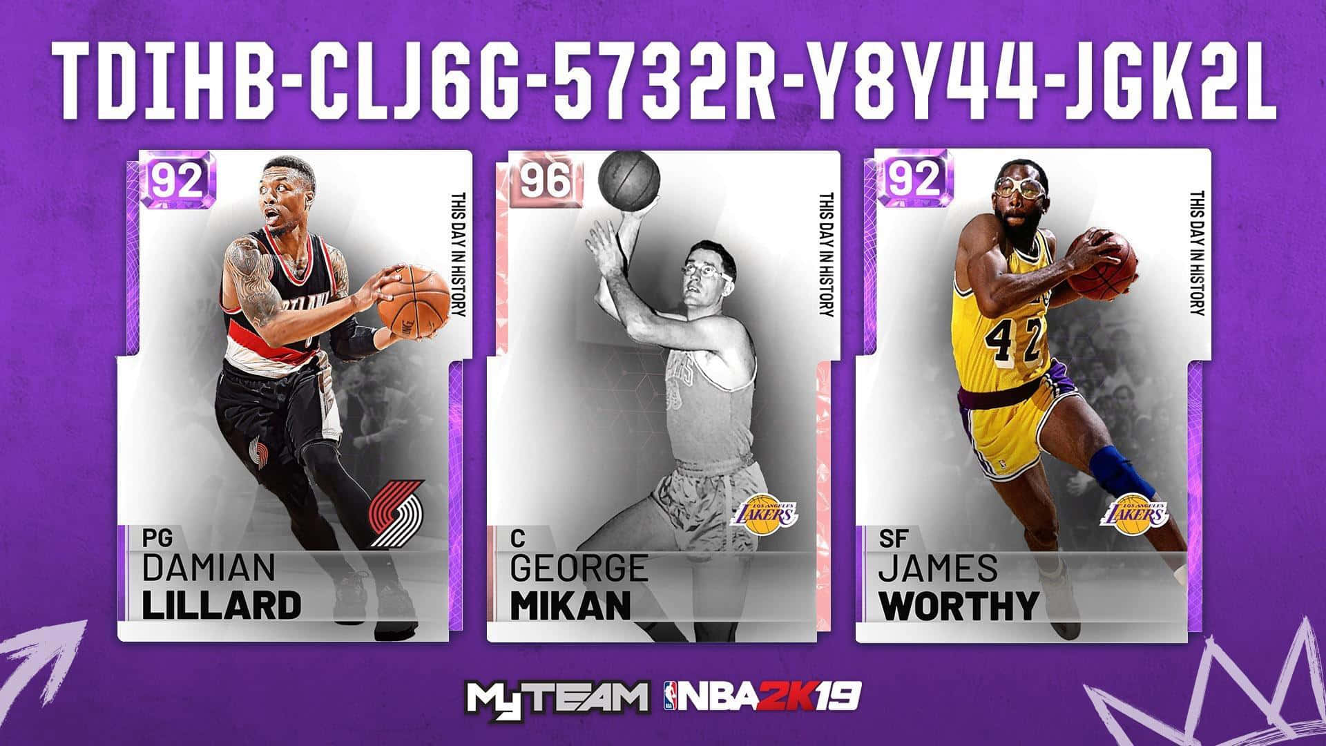 來自 MyTeam NBA 2K19 的三張 NBA 球員卡，展示 Damian Lillard、George Mikan 和 James Worthy。