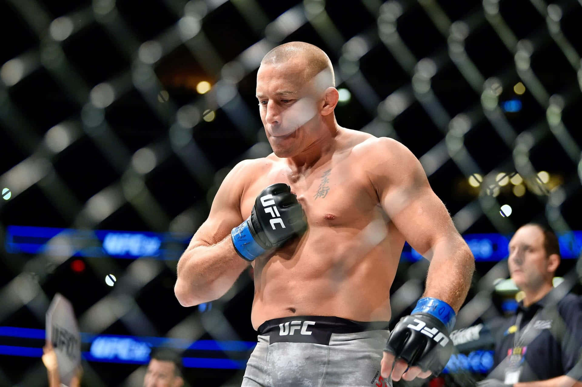 UFC拳手在比賽期間於八角籠內擦汗。