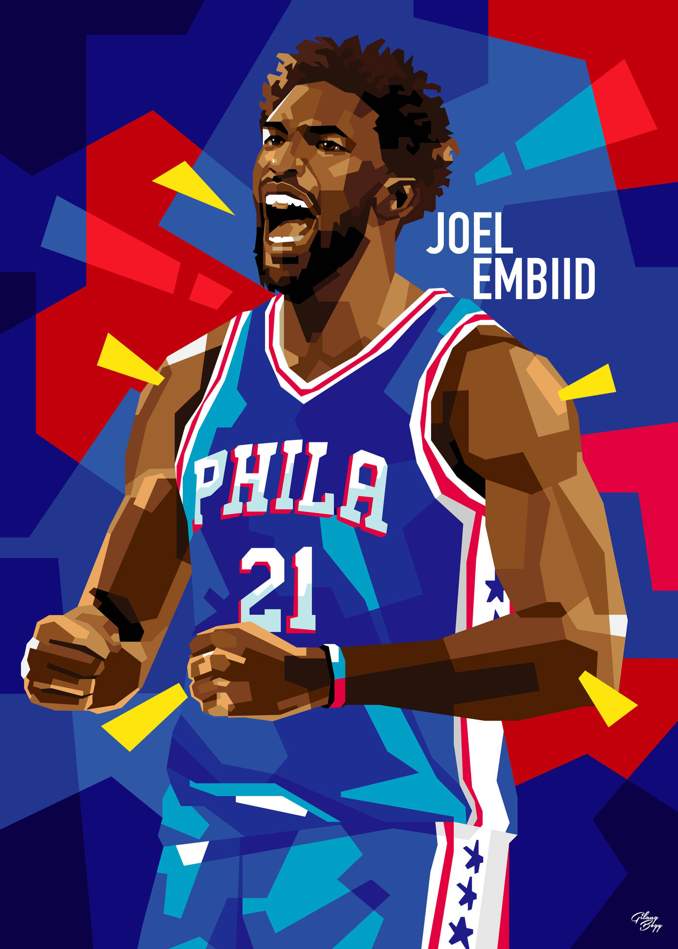 Joel Embiid身穿費城76人隊球衣，幾何背景。