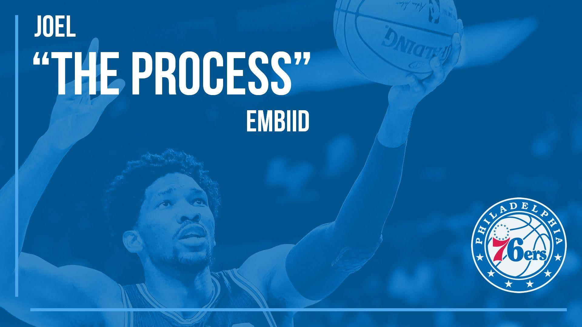 Joel Embiid 入樽籃球，帶有'The Process'文字和76人標誌。