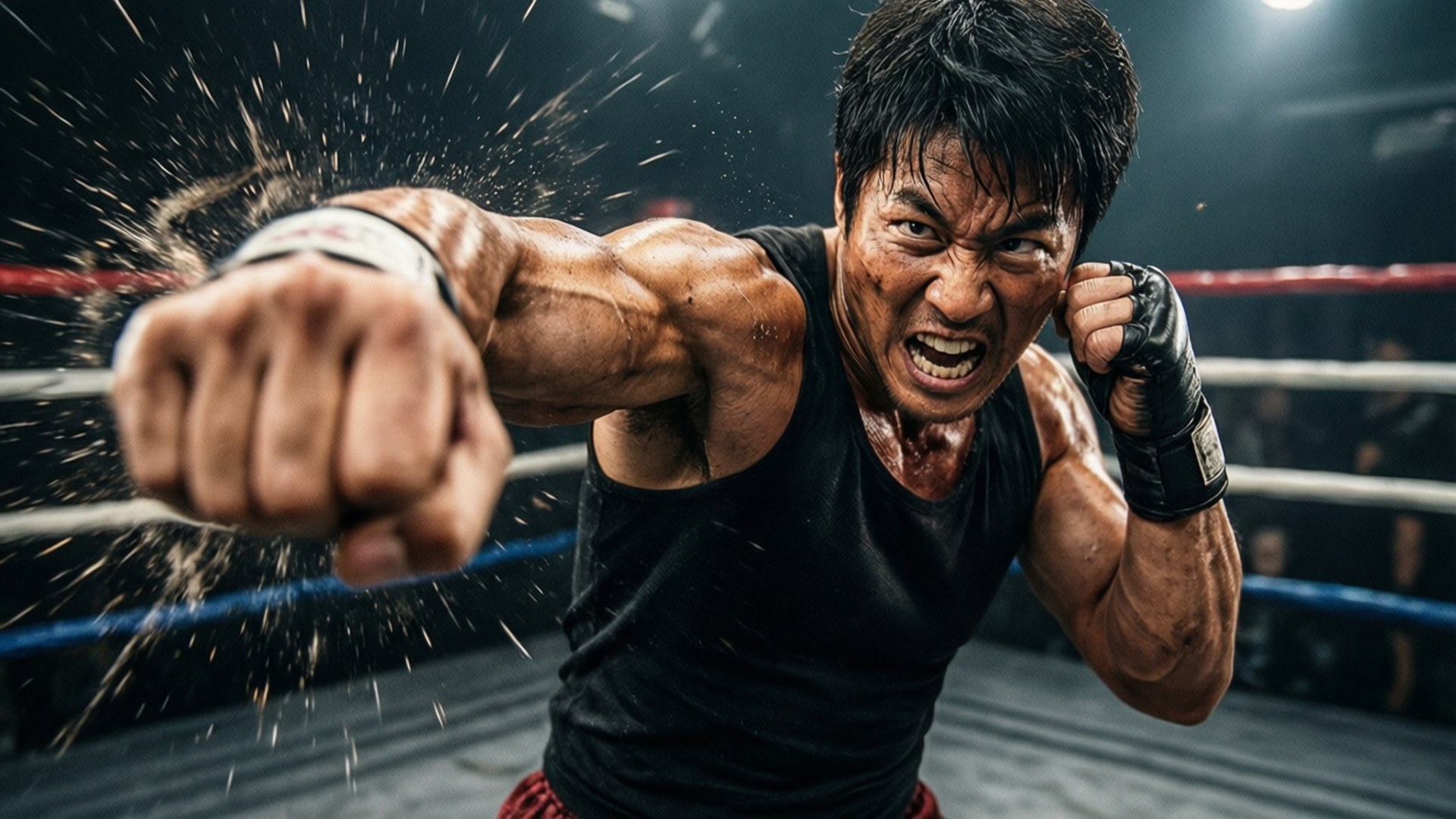 一個拳擊手在擂台上出拳，汗水在他周圍飛濺。