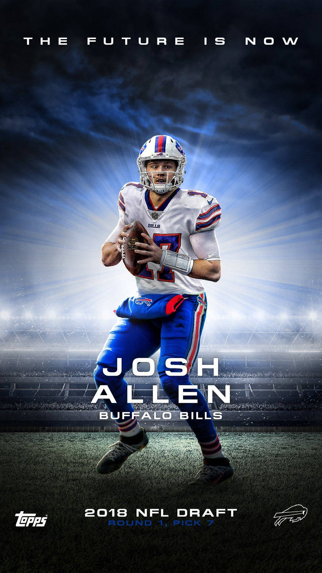 喬許·艾倫 2018 NFL選秀 壁紙 — 水牛城比爾隊四分衛在戲劇性的球場燈光與耀眼藍色光束下擺出動作姿勢。