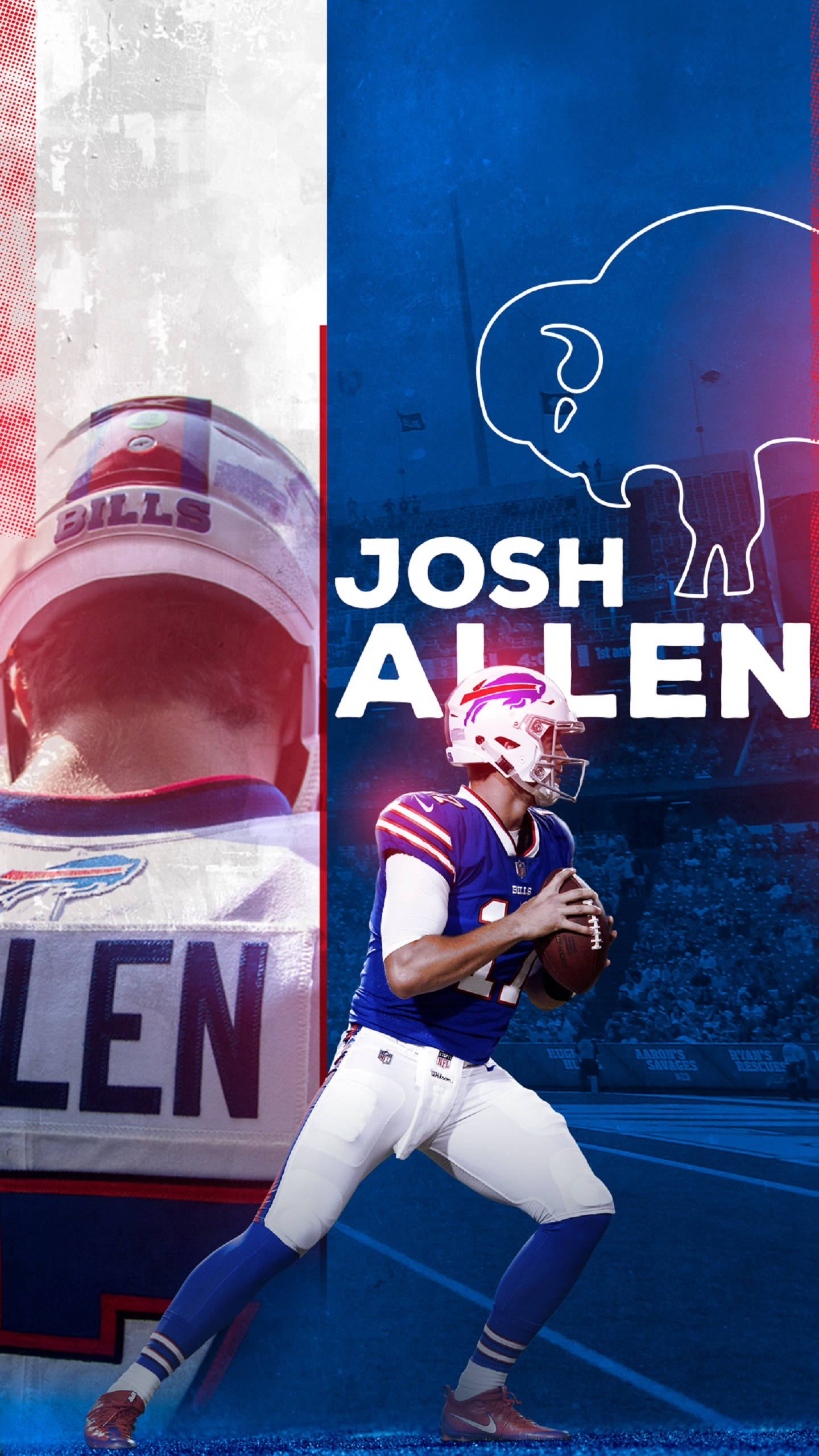喬許·艾倫 高標誌體育場藝術 壁紙 — Josh Allen 身穿水牛城比爾隊球衣，準備在分屏背景（含球隊標誌和球場）前擲出橄欖球。