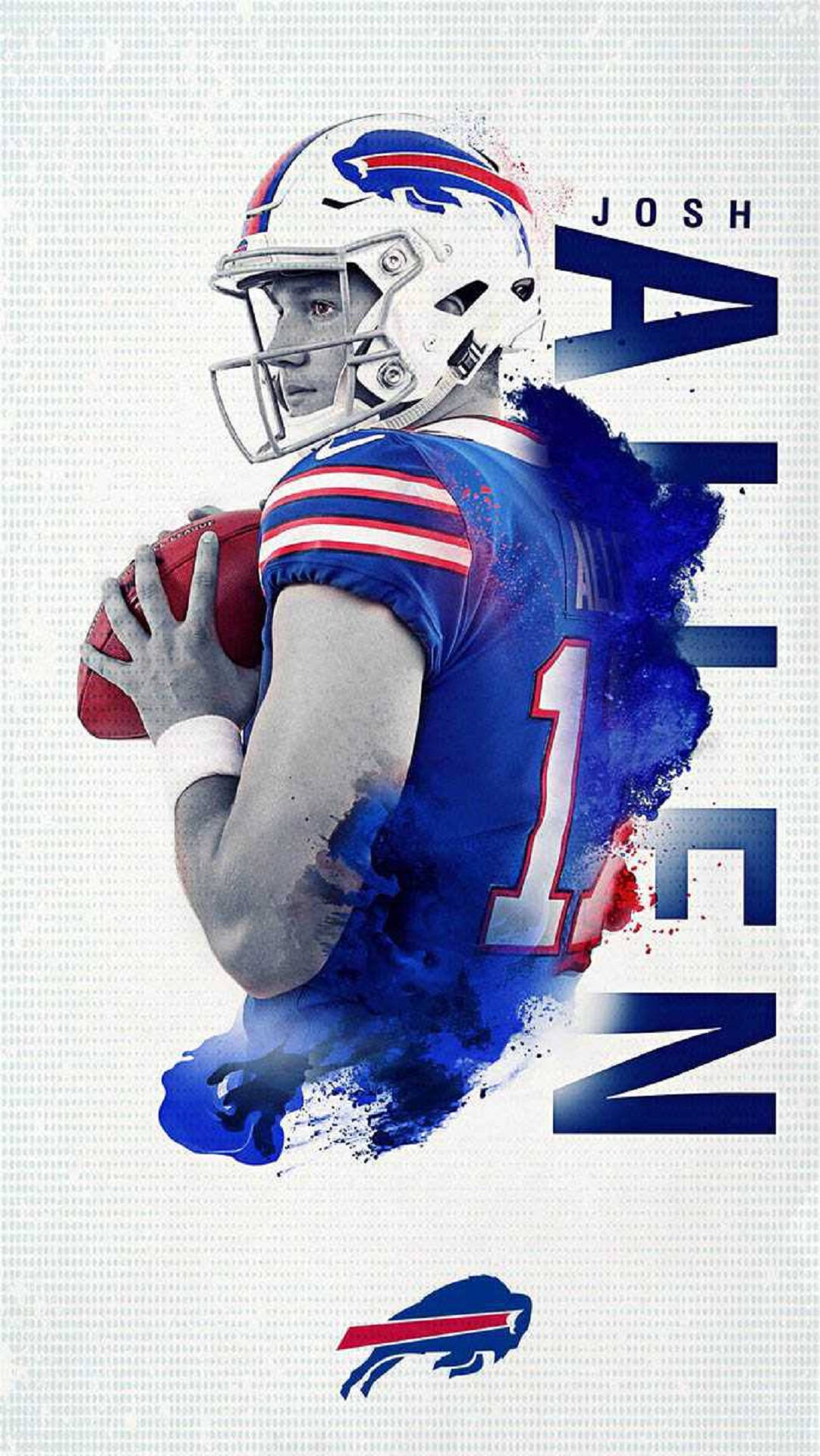 喬許·艾倫抽象藝術 壁紙 — 一幅充滿動感的數碼藝術肖像，描繪NFL四分衛喬許·艾倫身穿水牛城比爾隊制服，手持美式足球，並帶有醒目的藍色油漆潑濺效果。