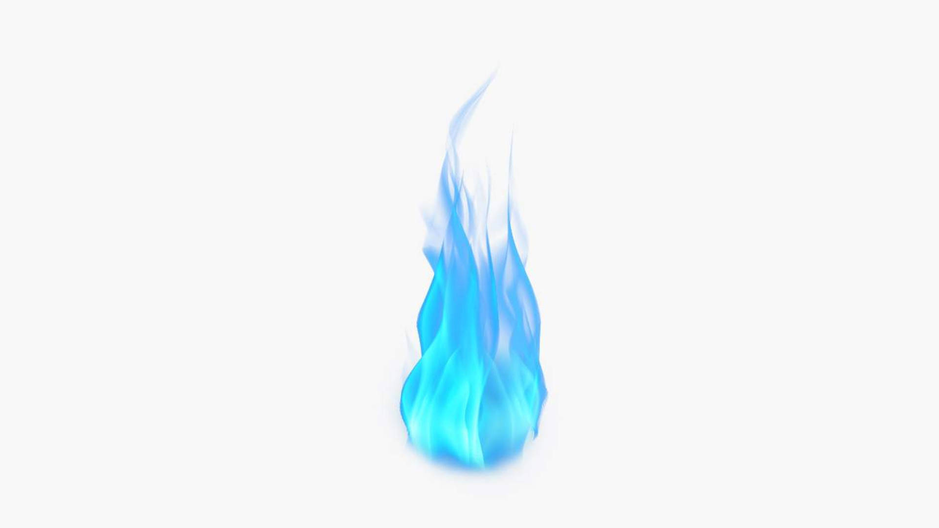 Flames 桌布 壁紙 — 單一鮮豔的藍色火焰優雅地升起，背景為純白色，邊緣柔和發光。