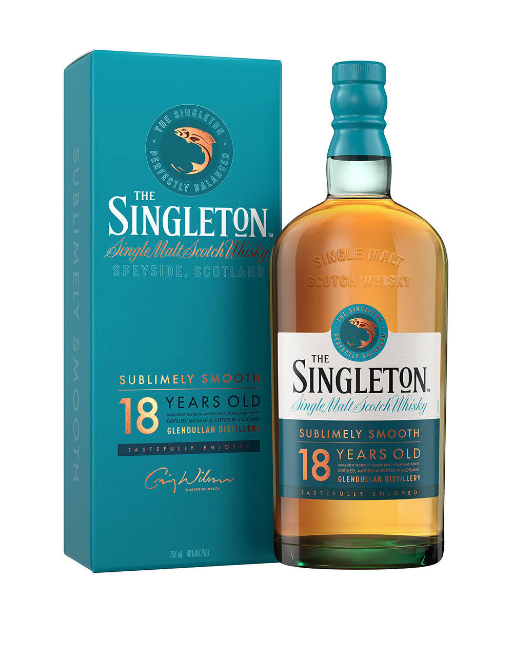 一瓶同盒18年Singleton蘇格蘭威士忌，青綠色同金色品牌標誌。