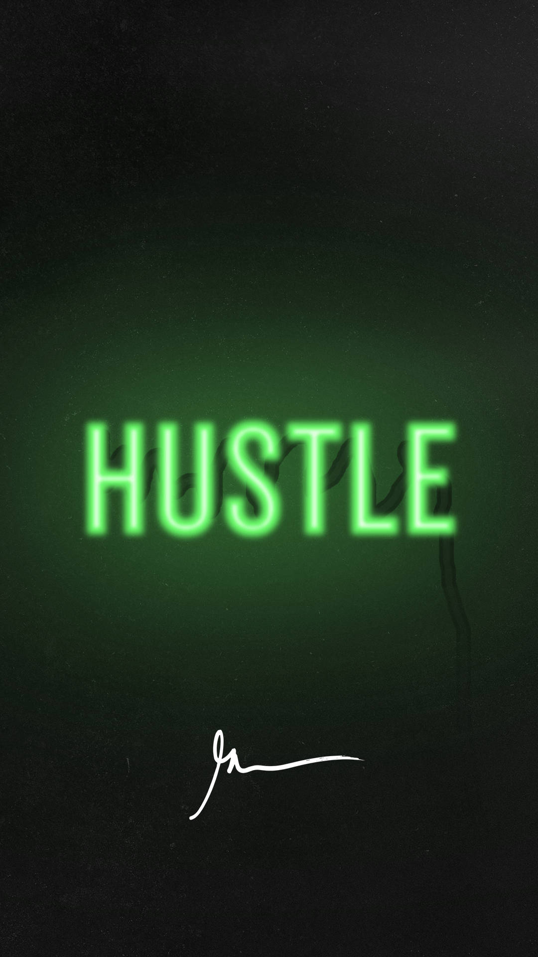 深色背景上的霓虹綠色 'HUSTLE' 文字及白色簽名。