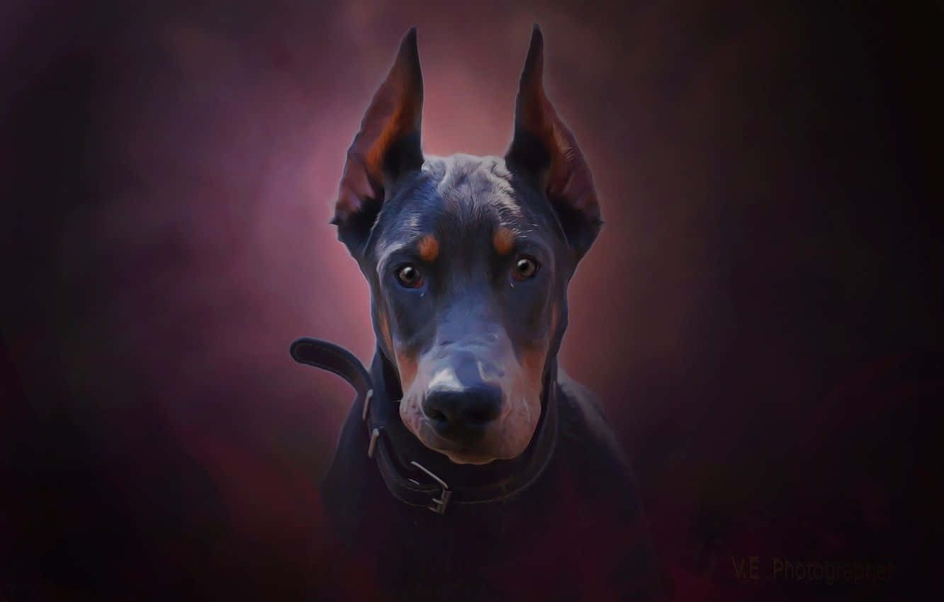 杜賓犬在昏暗的攝影棚燈光下，豎起警覺的耳朵，目光專注。