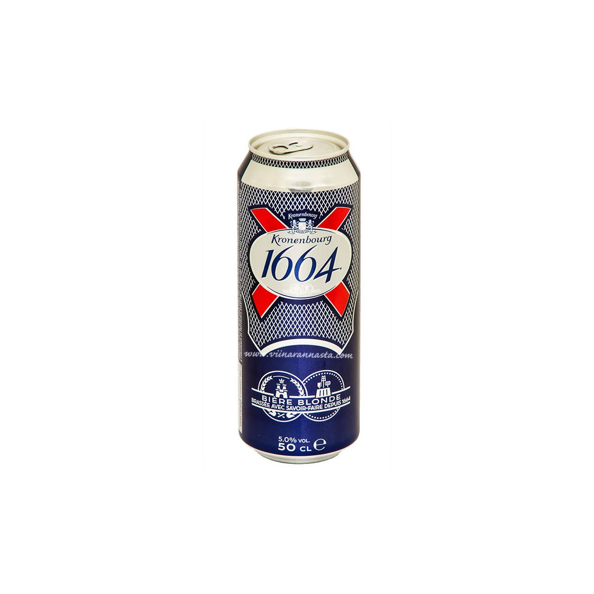 一個帶有藍色、紅色和銀色設計的Kronenbourg 1664啤酒罐。