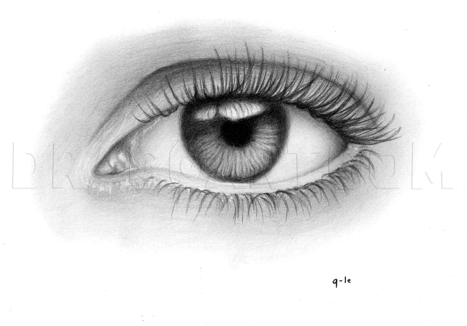 單眼素描圖 壁紙 — 一幅超寫實的鉛筆畫，描繪人類眼睛，帶有精細的睫毛和微妙的陰影，背景為純白色。