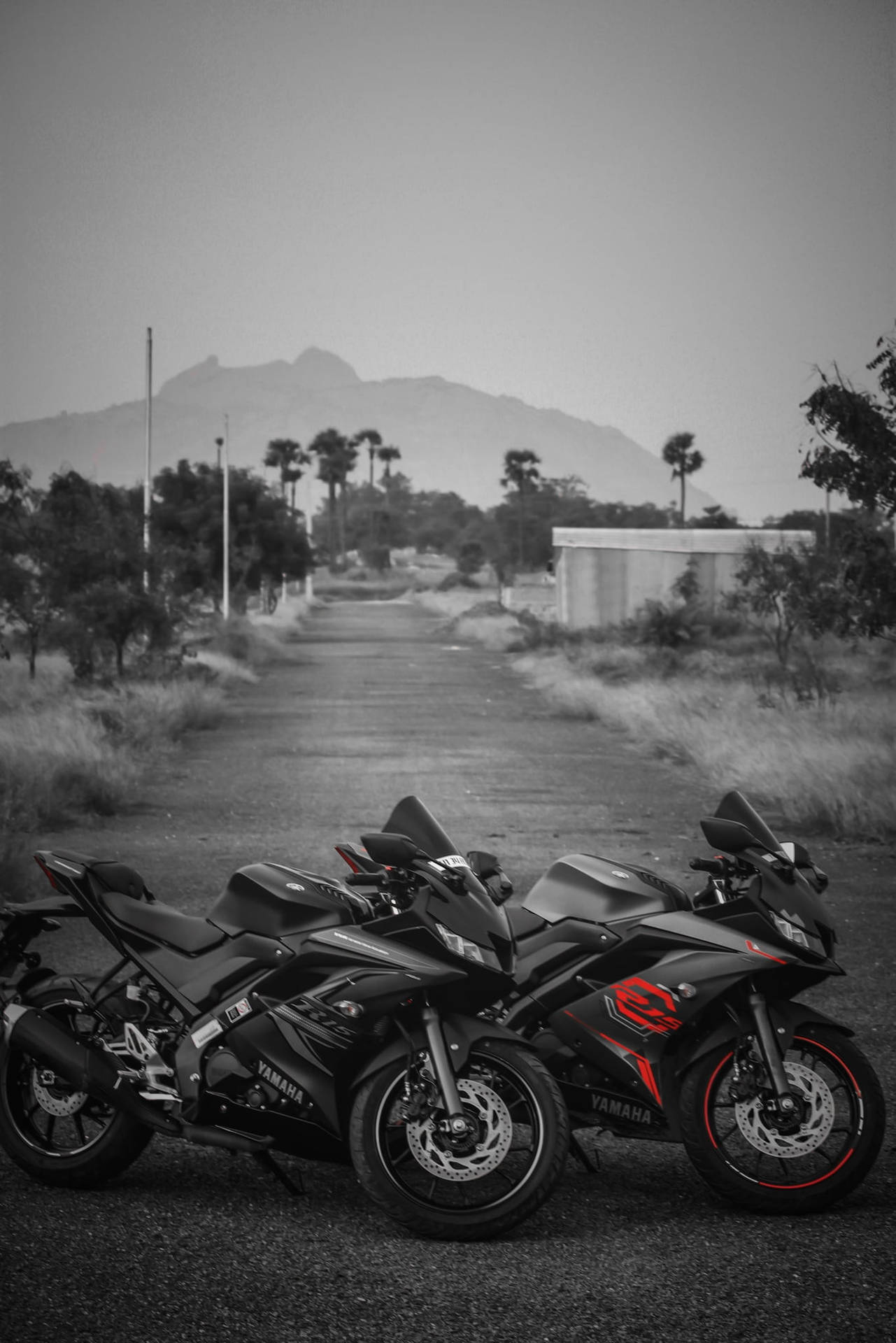 兩輛黑色Yamaha運動電單車停泊在鄉村道路上，背景有山脈。