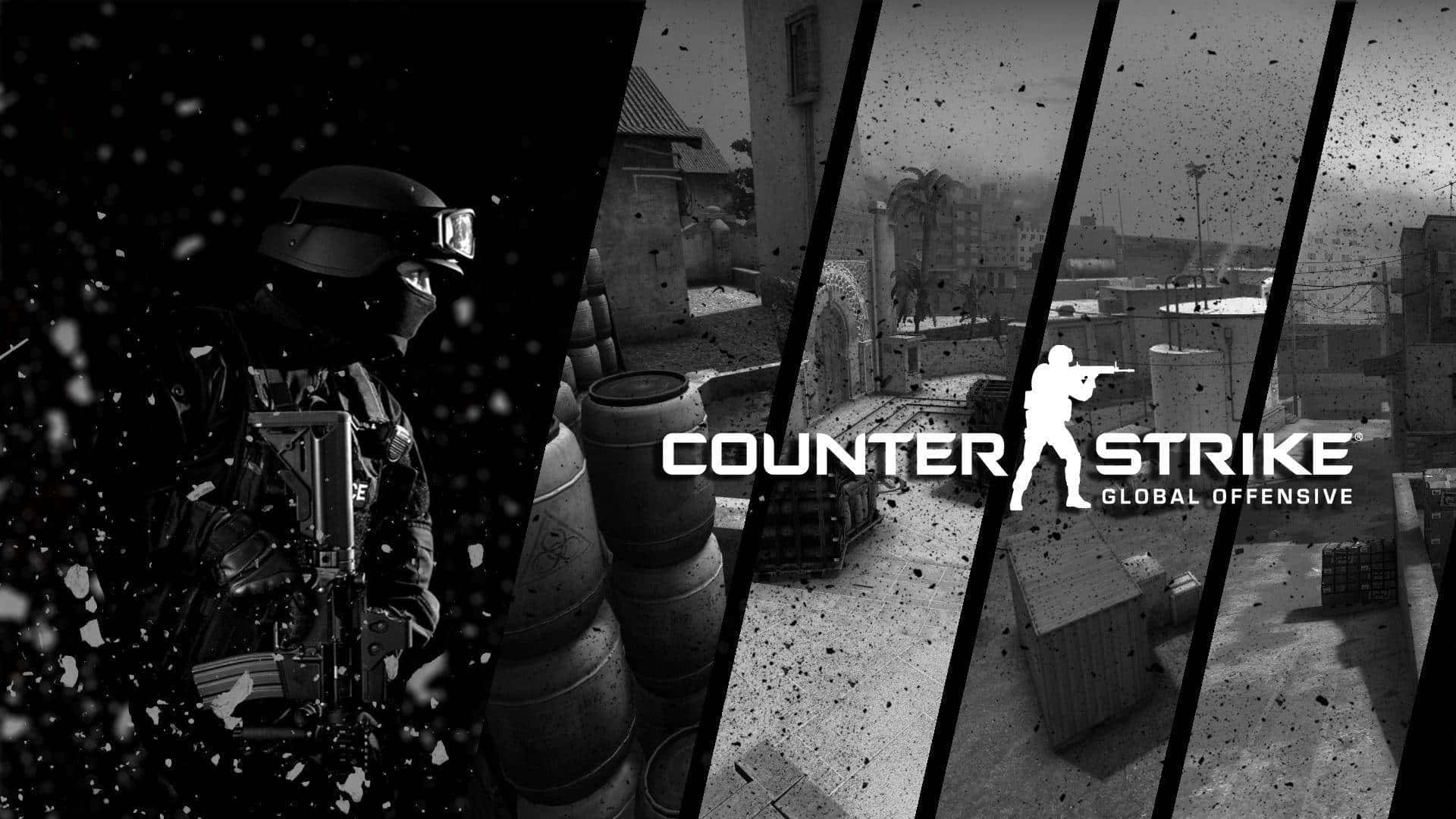 單色1080p《反恐精英：全球 Offensive》背景插畫 壁紙 — 黑白分屏顯示來自 Counter Strike Global Offensive 的戰術士兵和城市戰鬥區域。