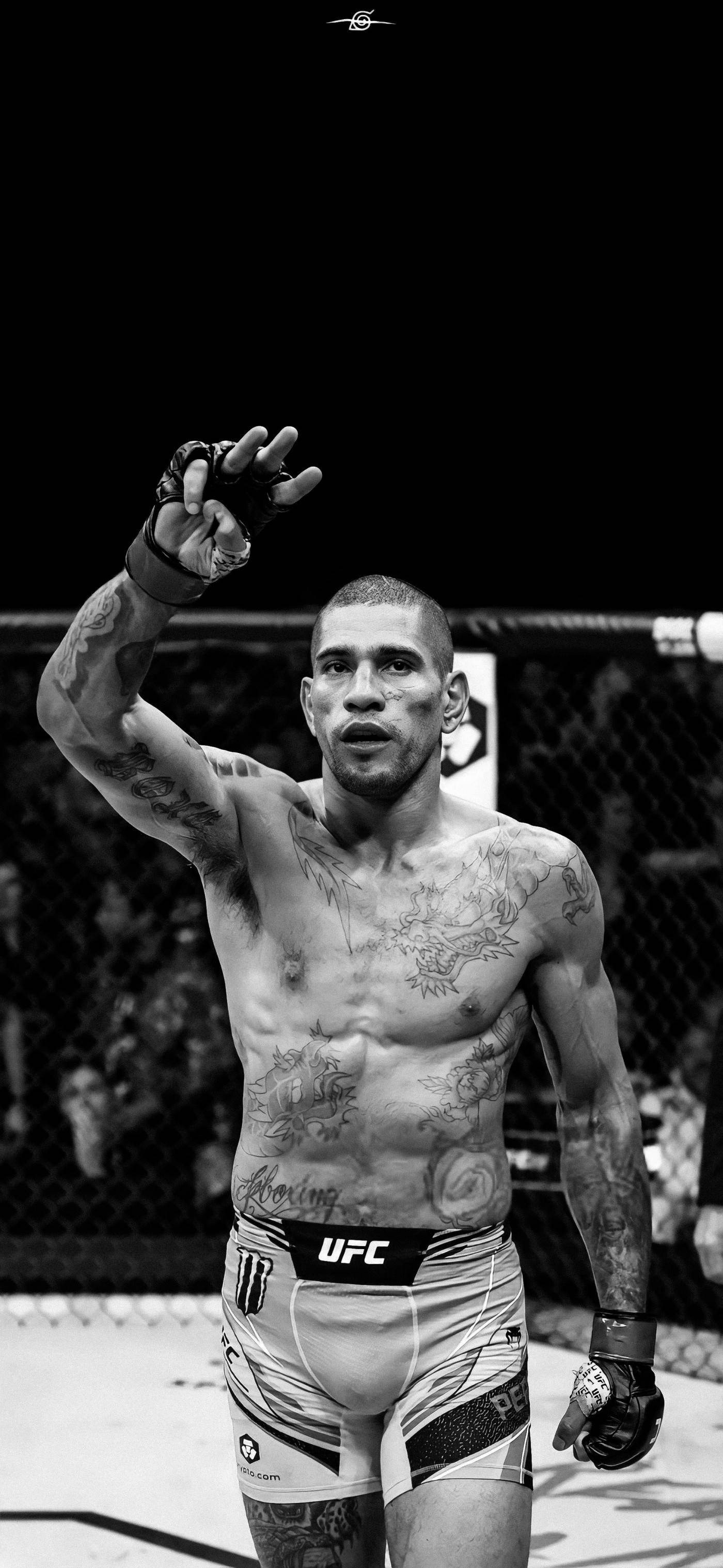 單色Alex Pereira舉手慶祝 壁紙 — 一位紋身混合武術選手在UFC八角籠內向粉絲揮手，呈現戲劇性的黑白畫面。