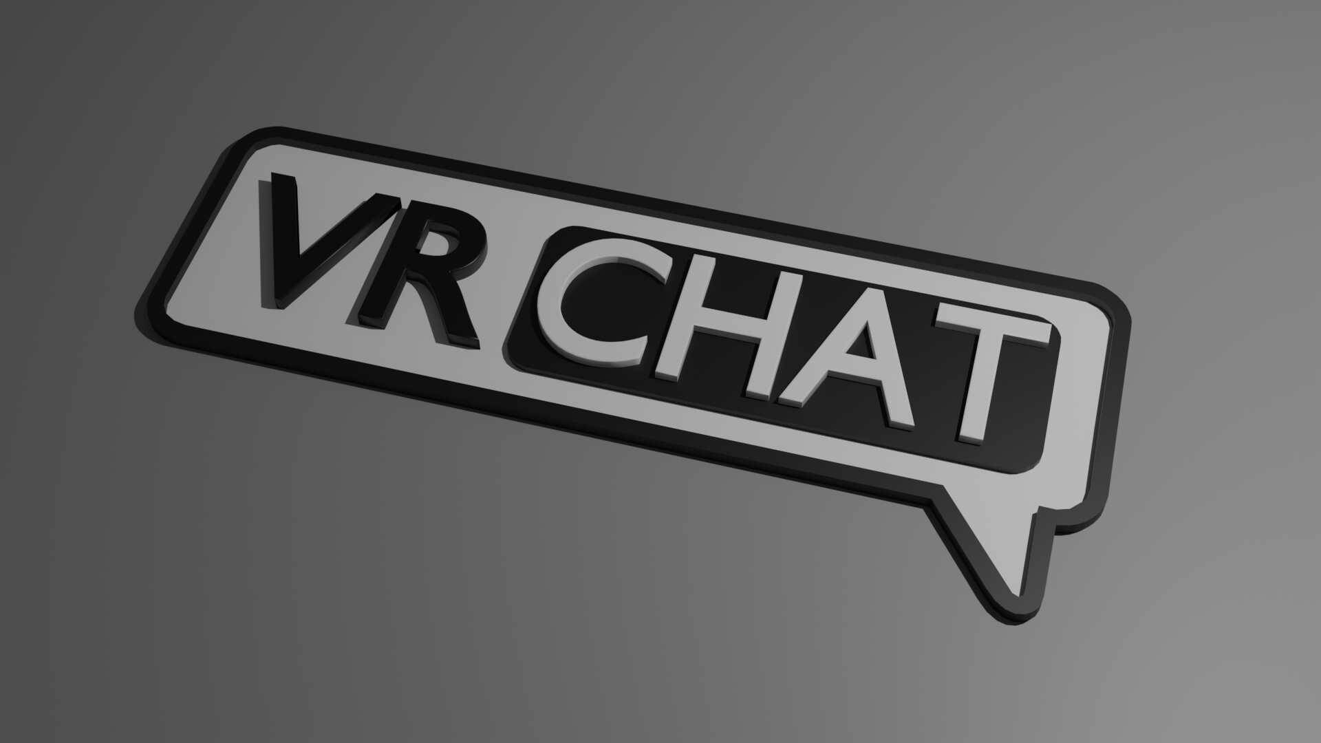 單色Vrchat標誌 壁紙 — 一個時尚的3D渲染VR CHAT標誌，呈對話氣泡形狀，帶有金屬銀色和黑色點綴，背景為漸變灰色。