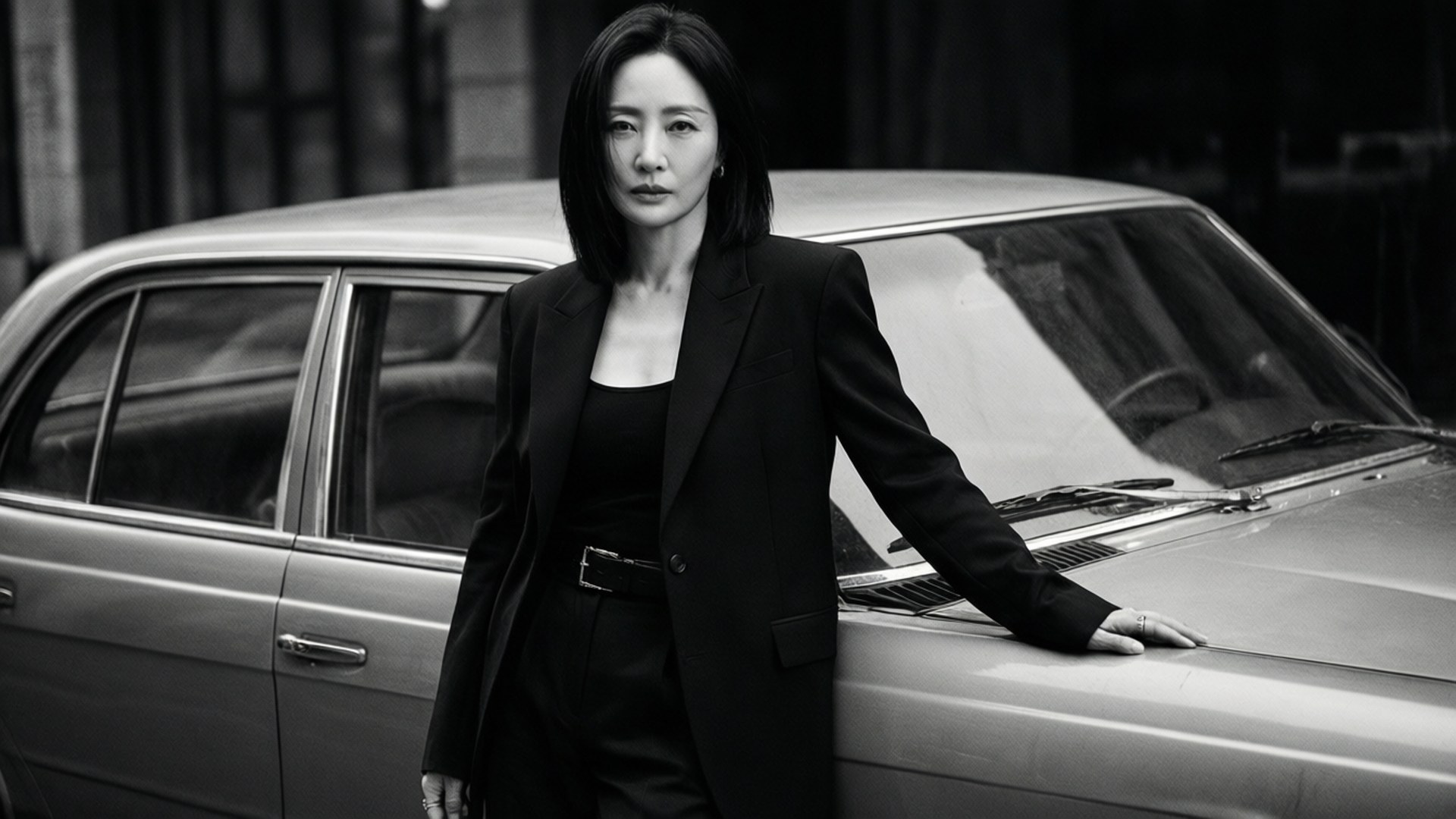 一位身穿黑色西裝的女士在黑白照片中靠在一輛復古車旁。
