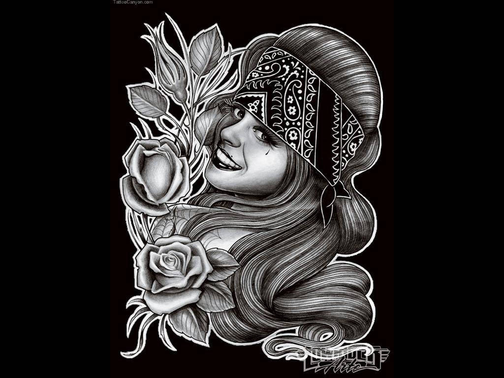 微笑女子戴頭巾與玫瑰的黑白插圖。